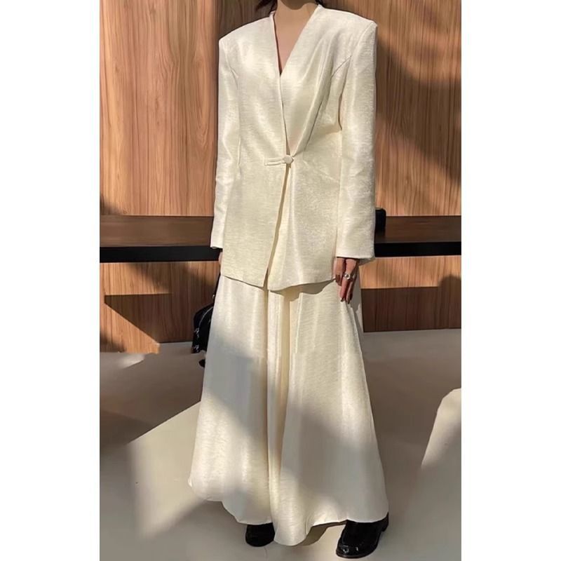 White V-neck Suit Jacket Skirt Two-piece Suit Women's New Chinese Style National Style Retro Spring and Autumn Wear Set