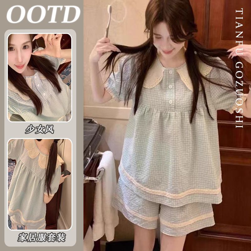 Summer Doll Collar Pajamas for Women, Cute Japanese Style Plaid Lace Short-Sleeved Internet Celebrity Sweet Princess Style Home Wear Set
