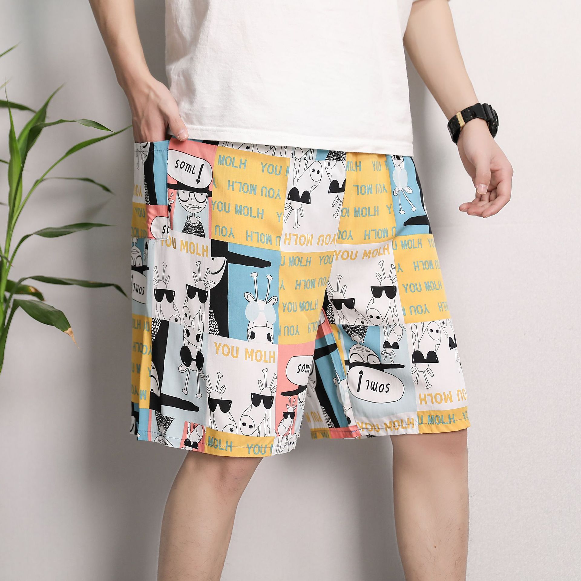 Picture of Cotton Silk Pajama Pants Men's Summer Thin Large Size Loose Shorts Casual Breathable Floral Pants Outer Wear Five-Point Beach Pants