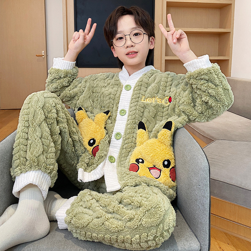 Picture of Children's coral fleece pajamas for boys autumn and winter 2024 new winter jacquard fleece home clothes for teenagers and little boys