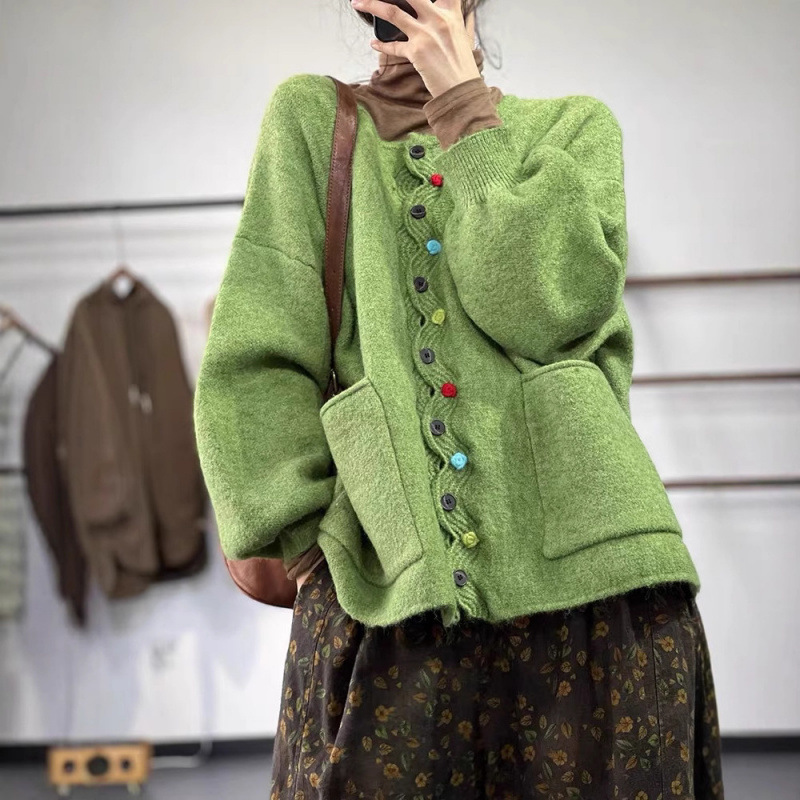 2023 Cross-Border Genuine New Round Neck Forest Style Literary Sweet Colorfulful Button Loose Casual Cardigan Sweater for Women