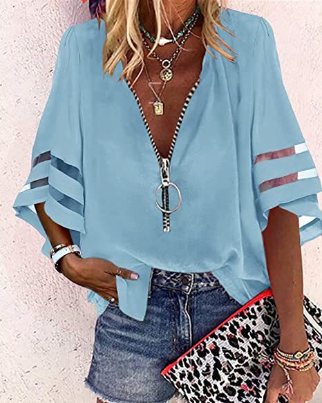 Picture of 2025 European and American Amazon New V-neck Zipper Shirt Half Horn Sleeve Mesh Stitching Loose Casual Shirt Women