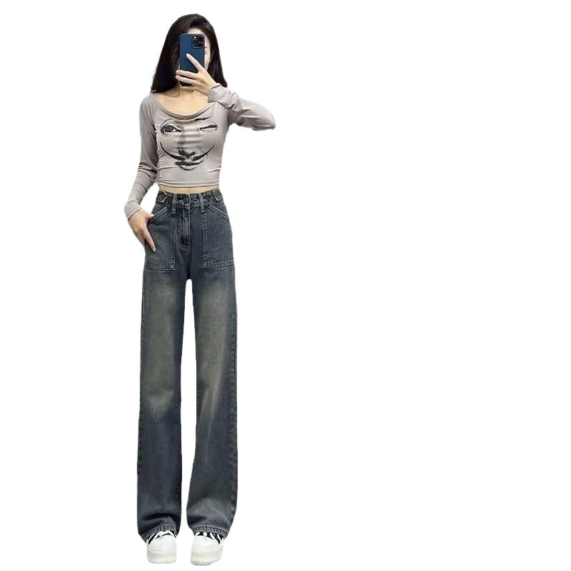 Picture of High waist wide leg jeans for women 2023 autumn and winter New American retro loose slimming draping straight mop pants