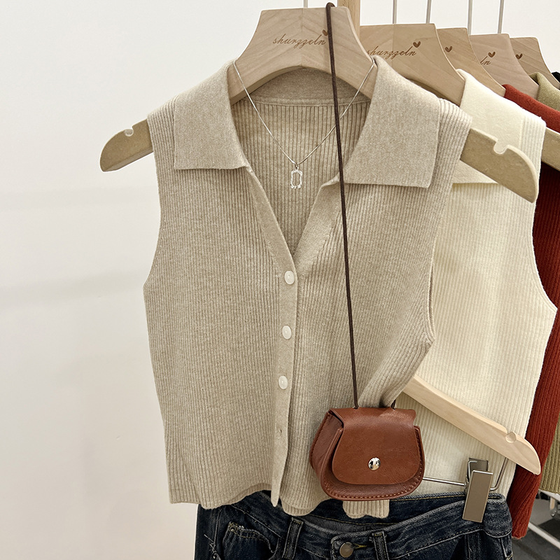 Summer Chic Ice Silk Knitted Polo Lasel Thin Slim-Fit Sling Outer Wear Vest Women's Waistle Sleeveless Small Top