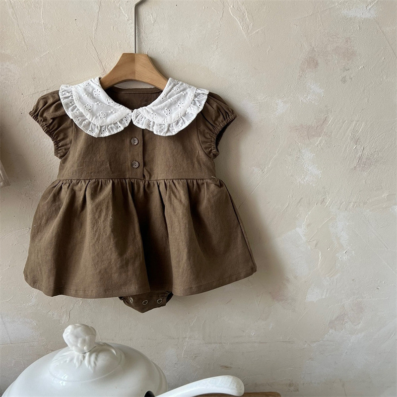 Picture of Ins Kidsren's New Summer Dress Baby Girl Korean Style Cute and Sweet Color-Blocked Collar Puff Sleeves Baggy Culottes