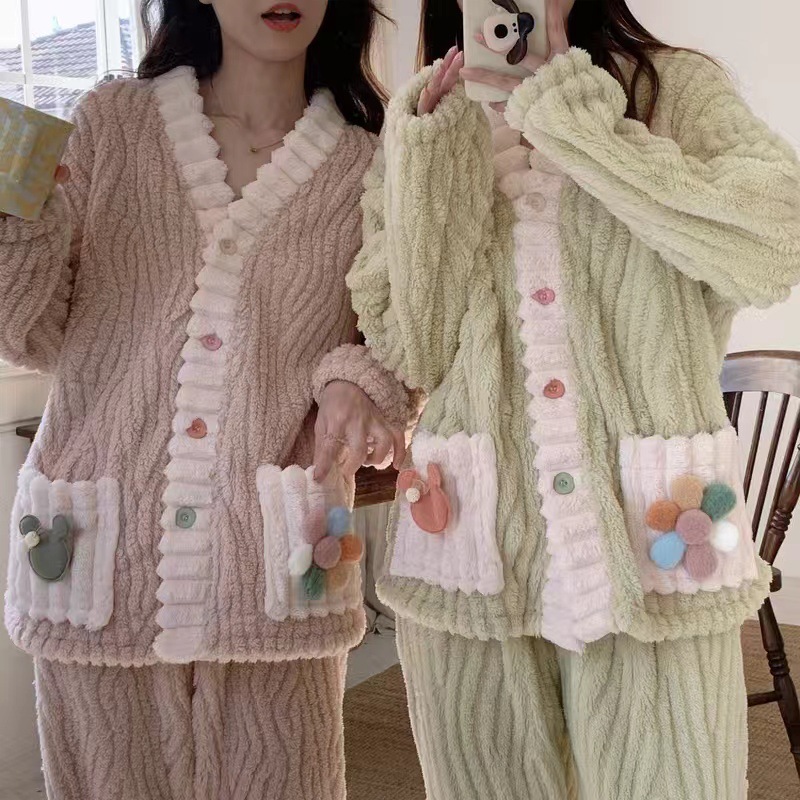 2023 Winter Little Flower Tree Bark Velvet Pajamas Women's Plush Cardigan Student Set Homewear Thickened Warm Coral Fleece