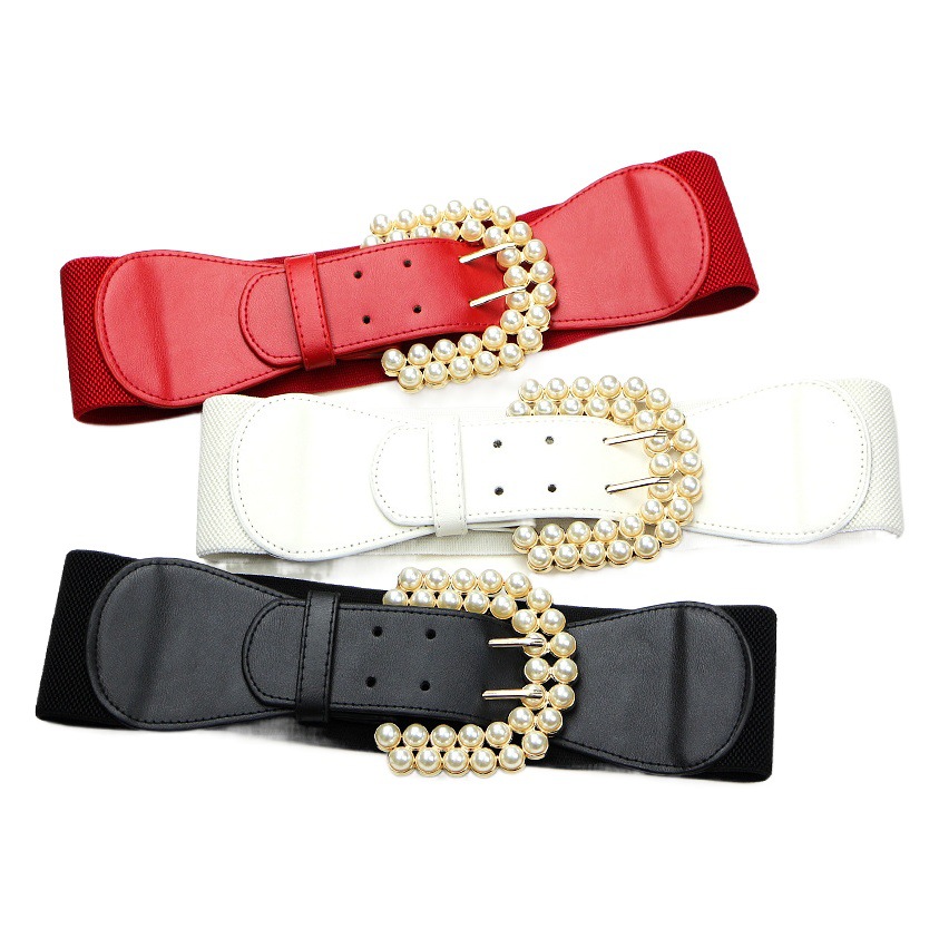 Japanese and Korean Pearl-Embellished High-End Women's Decorative Belt for Dresses, Versatile Elastic Wide Waist Belt for Ladies