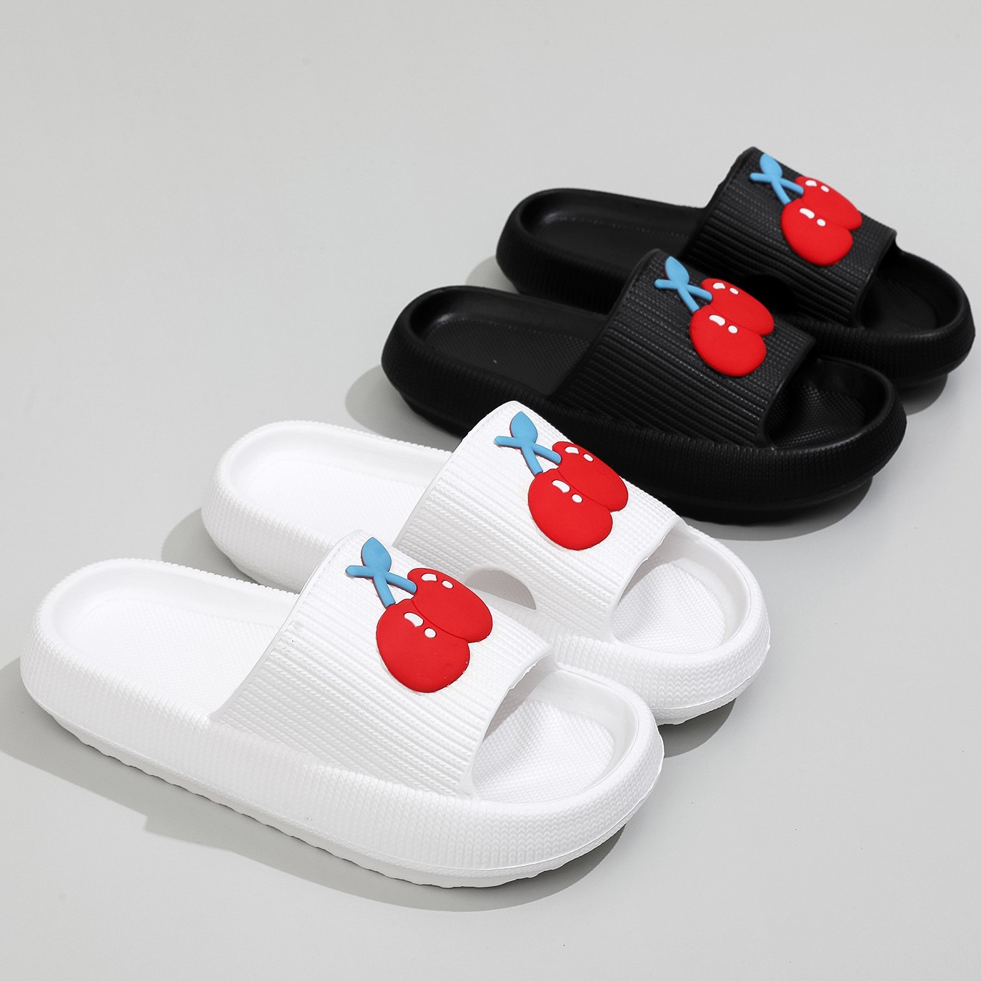 4CM Thick Bottom Cute Cartoon Cherry Fruit Slippers Female Summer Couples Slip on Dung Feeling Sandals Soft Bottom Indoor and Outdoor plus size