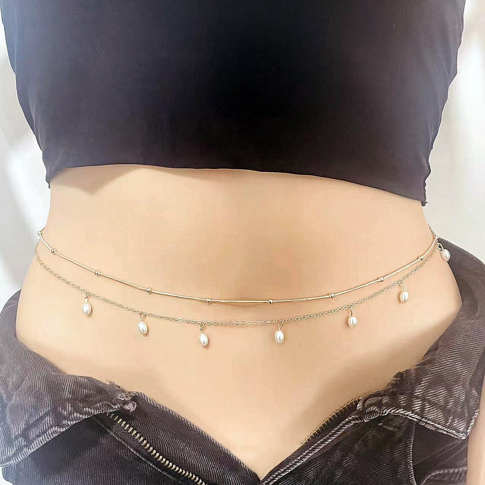 European and American Cross-border Overlapping Accessories Simple Double-layer Pearl Pendant Snake Bone Chain Waist Chain Summer Beach Body Chain