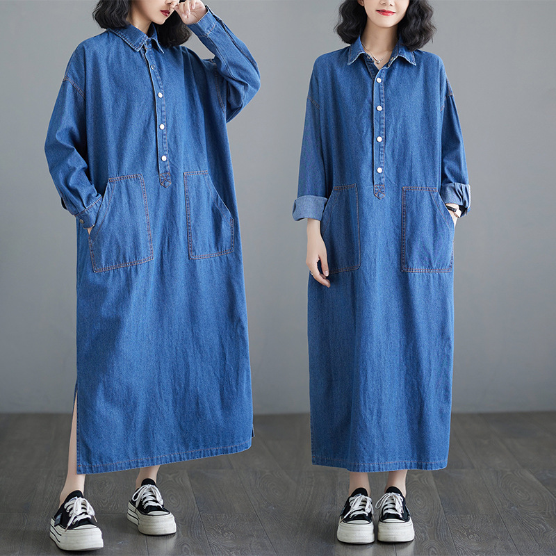 Double Pocket Denim Skirt Women's Korean-style Retro Loose plus size Laid-back Stylish Age-reducing Lapel Split Tooling dress