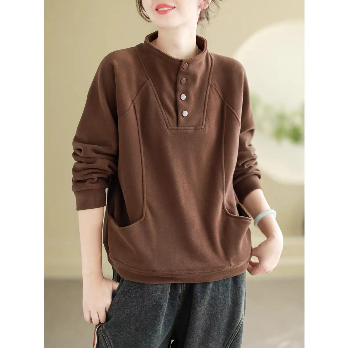 Picture of 260 Quilted Semi-high Collar Button Warm Sweater Women's Loose Korean Style Meat Covering All-match Design Sense Pocket Stitching