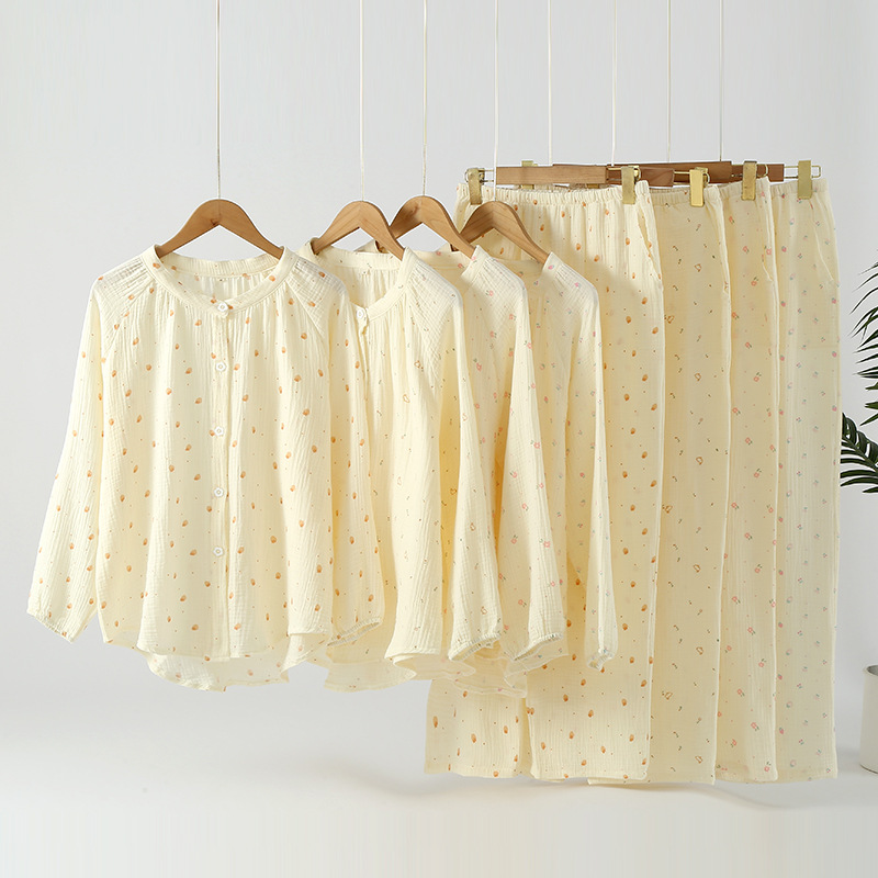 Summer thin cotton gauze women's pajamas home wear cotton stand collar casual suit