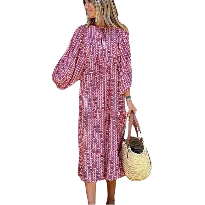 Platform autumn new independent station hot selling V-neck bohemian puff sleeve printed loose casual sun protection dress