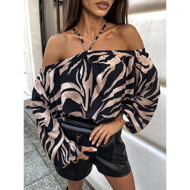 2024 Amazon AliExpress New Autumn Strap Open Shoulder Loose Horn Sleeve Top