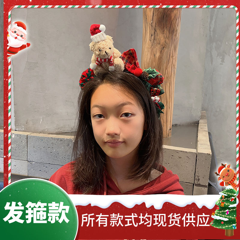 Picture of Cartoon super cute Christmas bear headband warm Christmas scarf bear headband red and green bow headwear