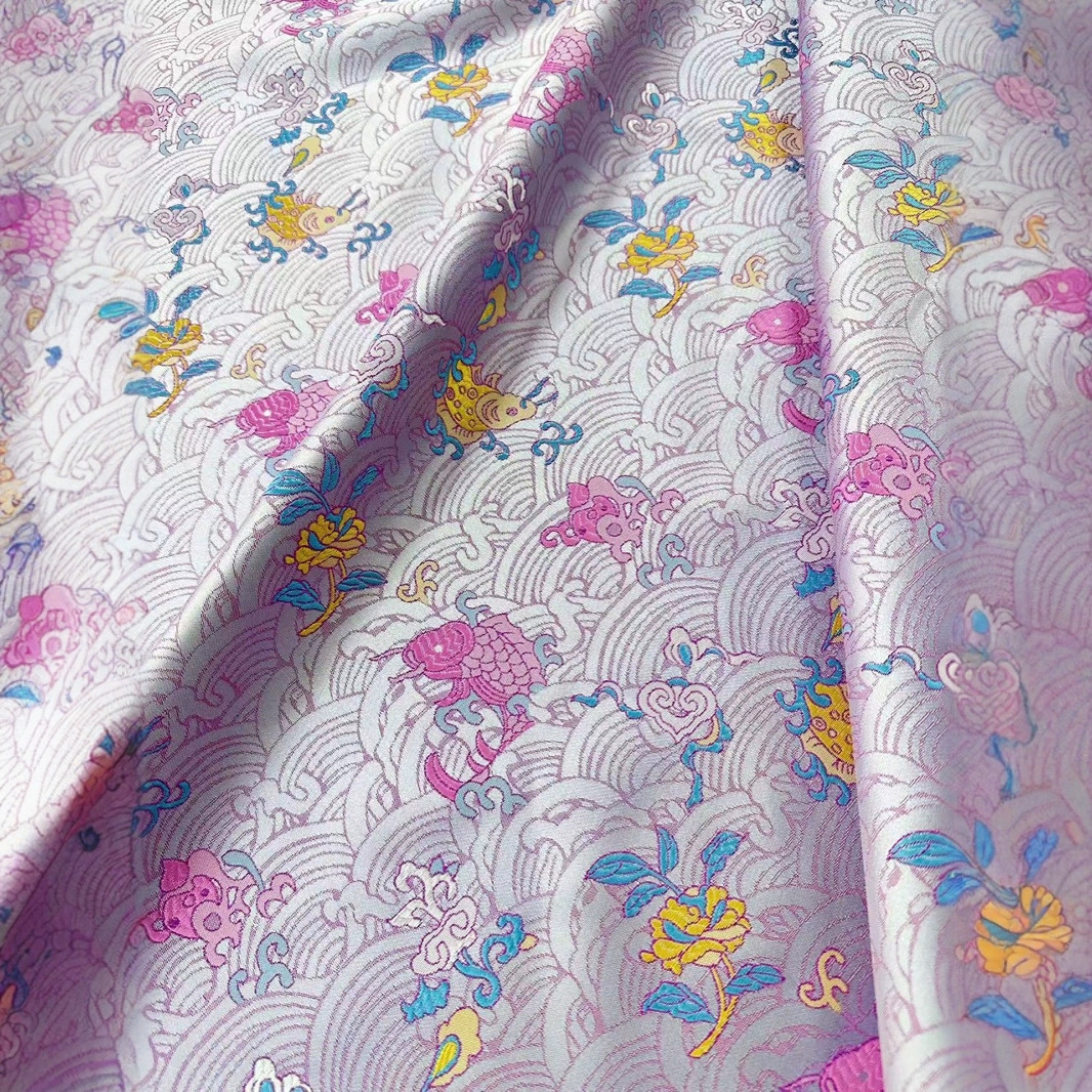 Silk Brocade Fabric Cloud Bottom Carp Jacquard Children's Clothing Fabric Mulberry Silk Brocade Cheongsam Fabric