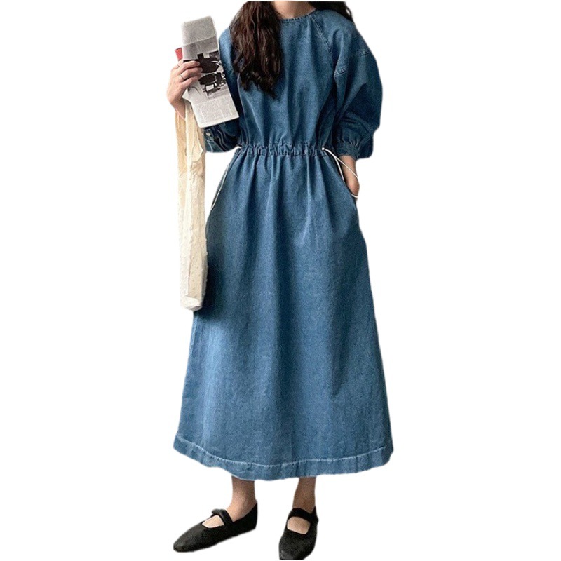South Korea chic Spring and Autumn New A- line skirt women's retro lazy style round neck loose meat covering dress wholesale
