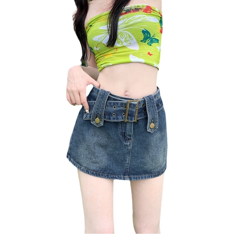 Hot girl lining Denim skirt women's spring and summer new American design high waist slimming A- line skirt culottes