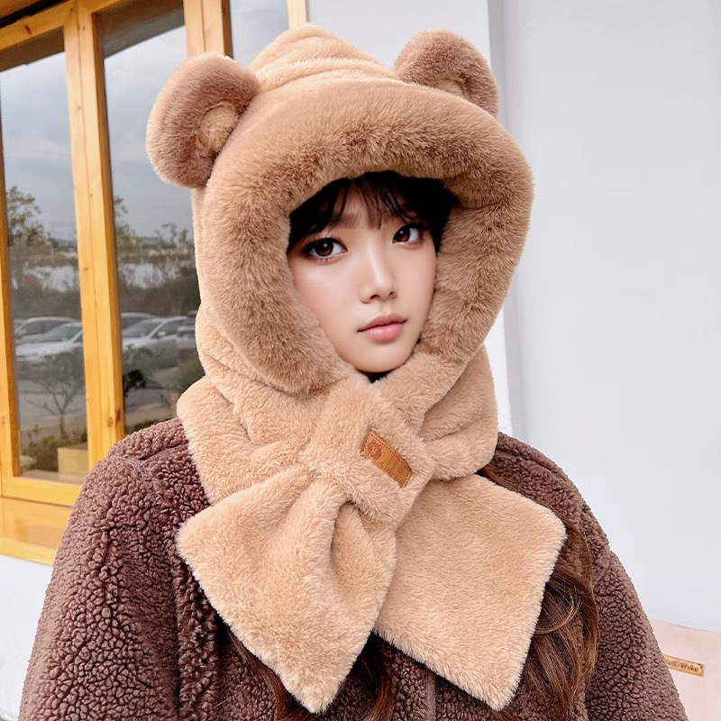 Picture of Cute Bear Hat Gloves Three-in-One Scarf Plush Hat Winter Riding Women's Easy Outdoor High-Level Warm Hat