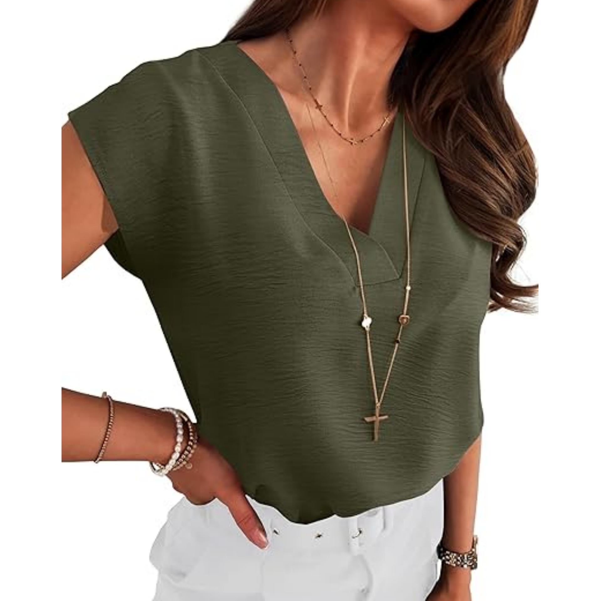 Picture of Cross-Border Export Amazon Independent Station 2025 Women's European and American Elegant Shirt V Neck Short-Sleeved Pullover Sleeveless Shirt