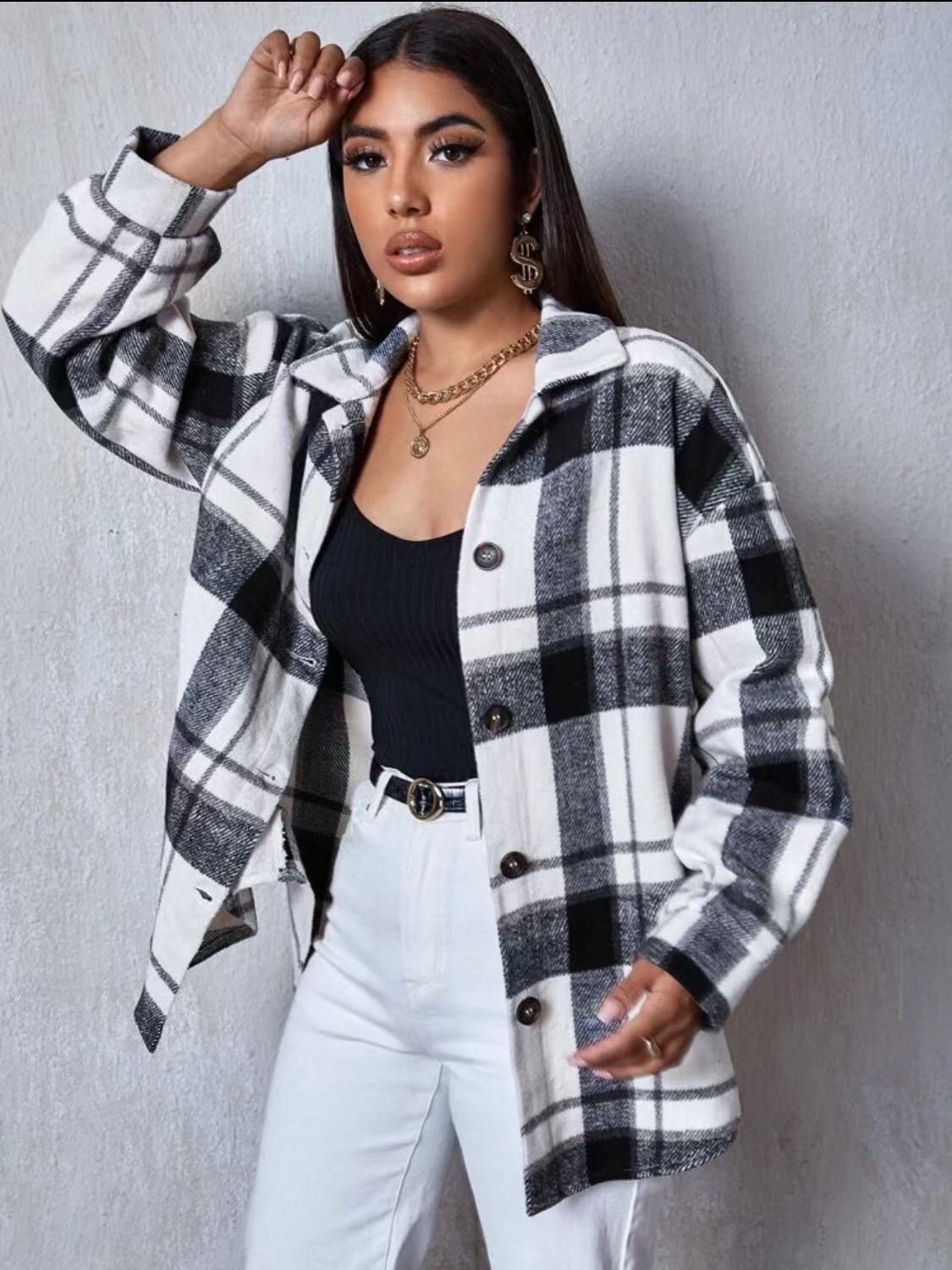 Cross-border European and American Foreign trade AliExpress wish new women's plaid frayed loose fashion casual shirt