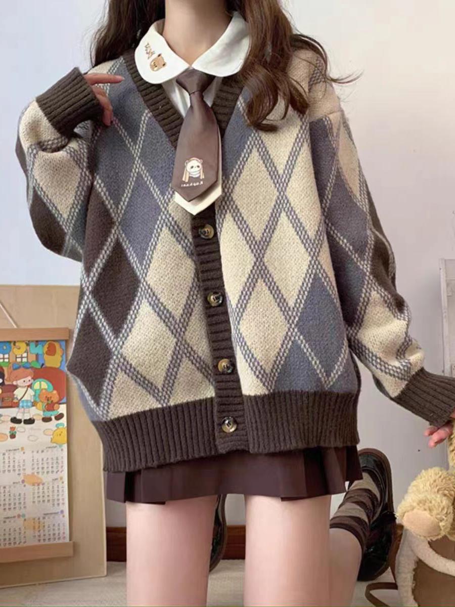 Export Jacket Brown Diamond Pattern Korean Loose Niche Hong Kong Style Chic Knit Cardigan