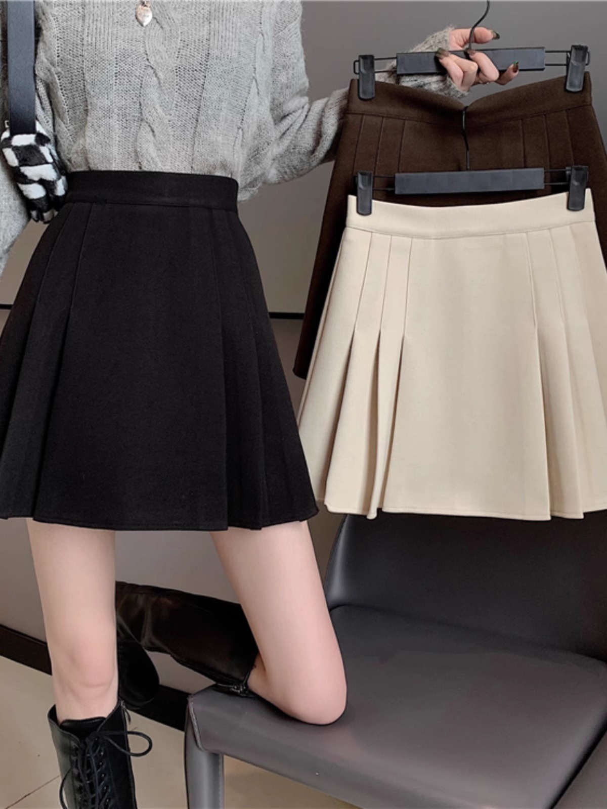 Picture of Temperament Ladies Skirt 2024 New Women's Spring chubby girl High Waist Slim Black A- line Skirt Pleated Short Skirt