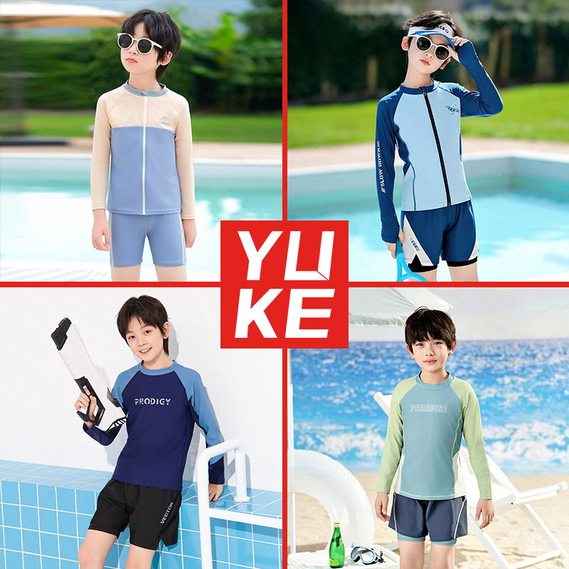 Children's Swimwear Boys Split Swimming Middle and Big Kids 2023 New Long Sleeve Solid Color Quick-drying Stitching Sunscreen Swimsuit