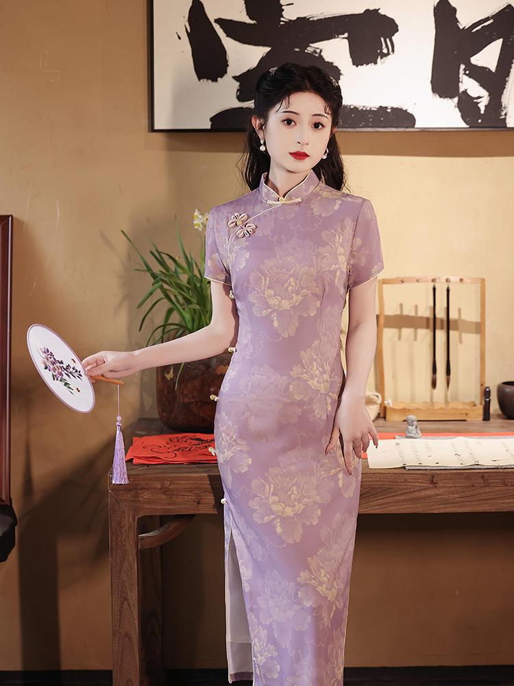 Purple Cheongsam Improved Version for Young Girls, Super Nice, New Chinoiserie, Versatile and Noble Summer Long Style That Can Be Worn Daily