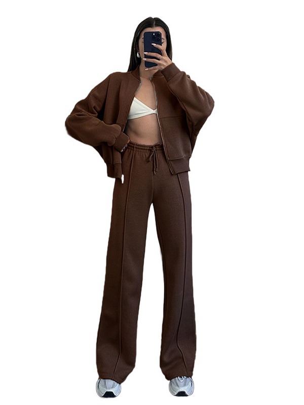 Picture of 211348 autumn and winter new cross-border European and American solid color zipper cardigan sweater women's fashion casual straight pants suit