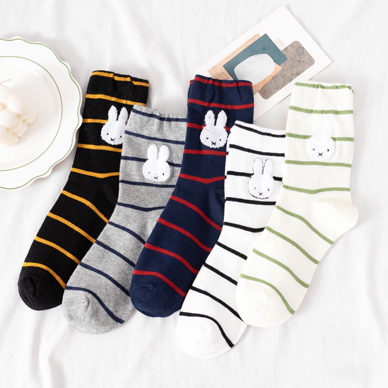 Striped Rabbit Mid-tube Women's Socks Cute Cartoon Socks Women's Korean Fashion Fashionable Socks Rabbit Year Socks