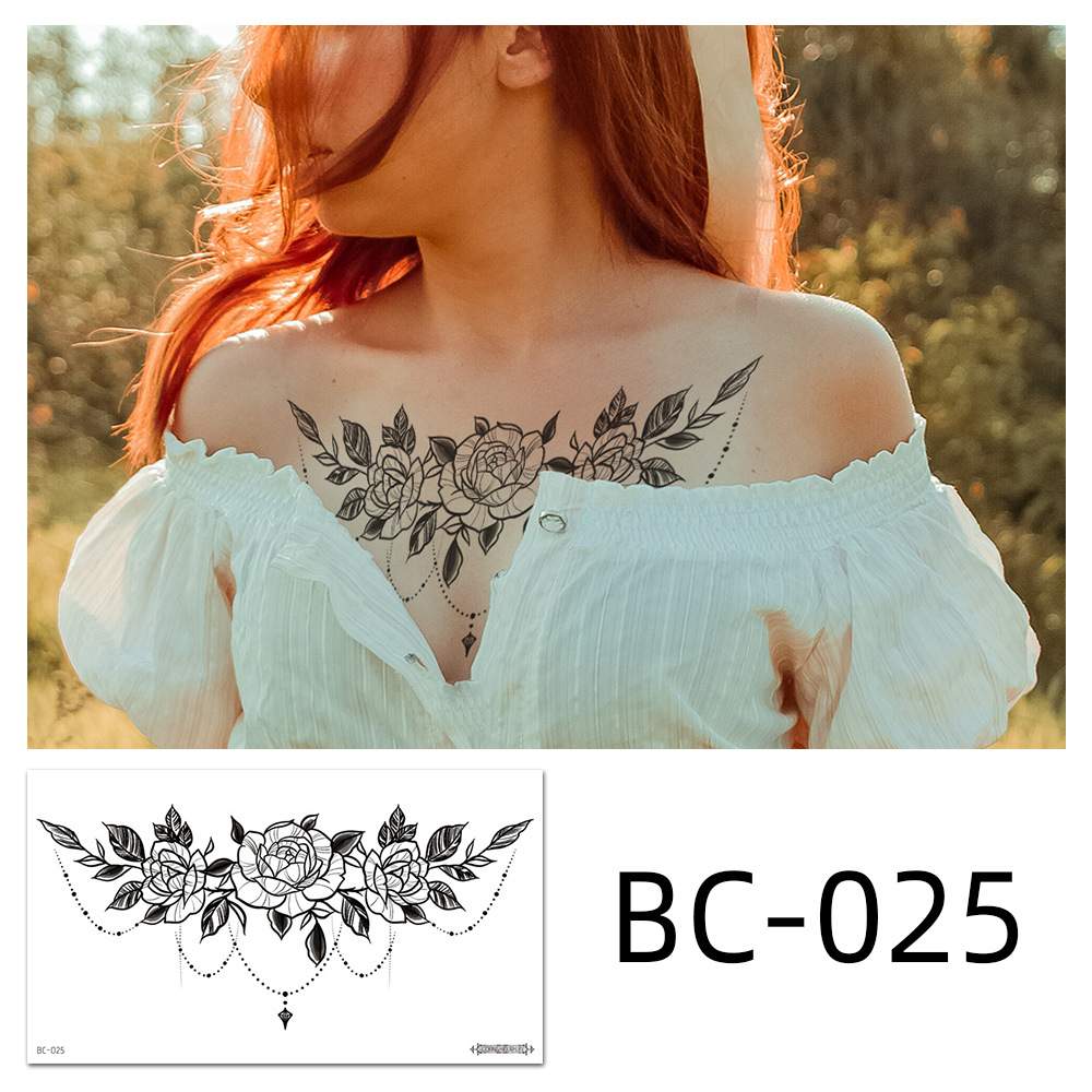 Picture of 2022 new cross-border supply waterproof tattoo stickers simple black and white flower sternum stickers personalized tattoo wholesale