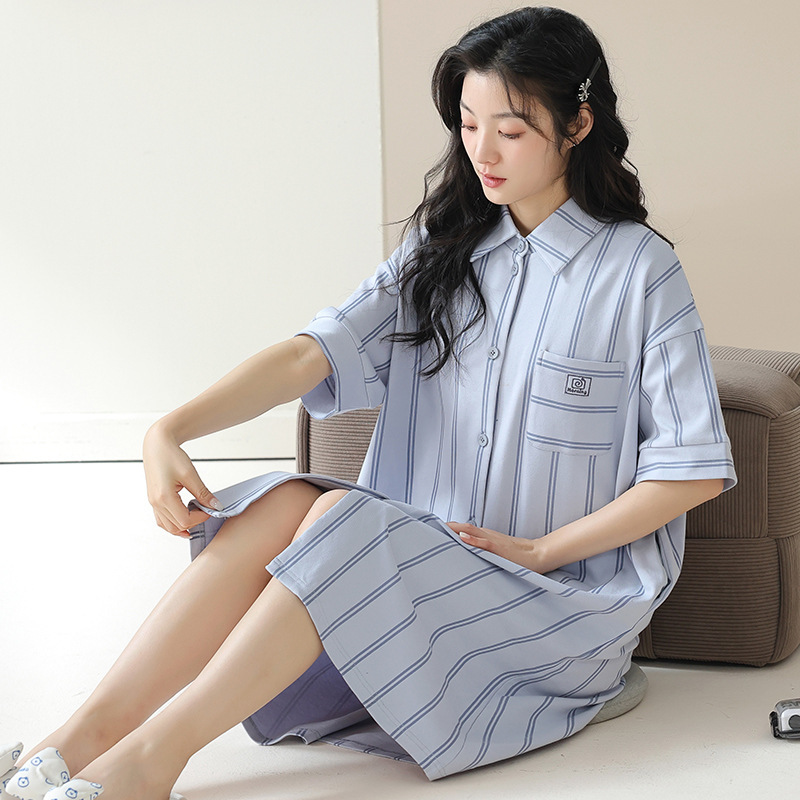 Women's Summer New Cotton Short-sleeved Thin Striped Shirt Collar Women's Sexy Pajamas Skirt Summer Home Clothes