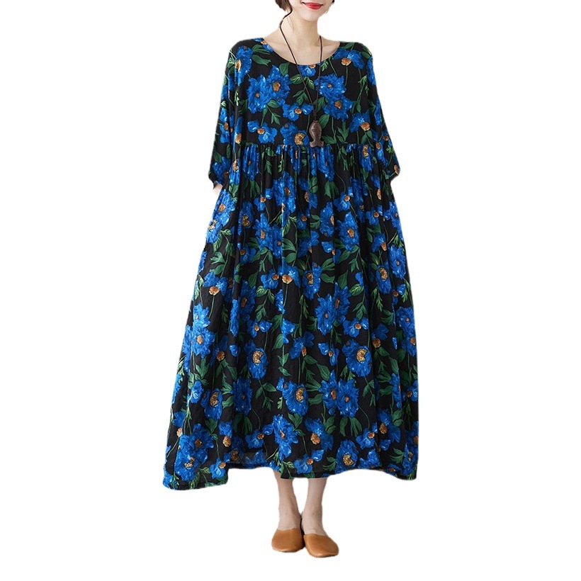 Blue Large Flower Plus Size Women's Spring and Summer Linen Cotton Dress Fat mm Plus Fat Enlarged Short-Sleeved Loose A-Line Skirt for Women