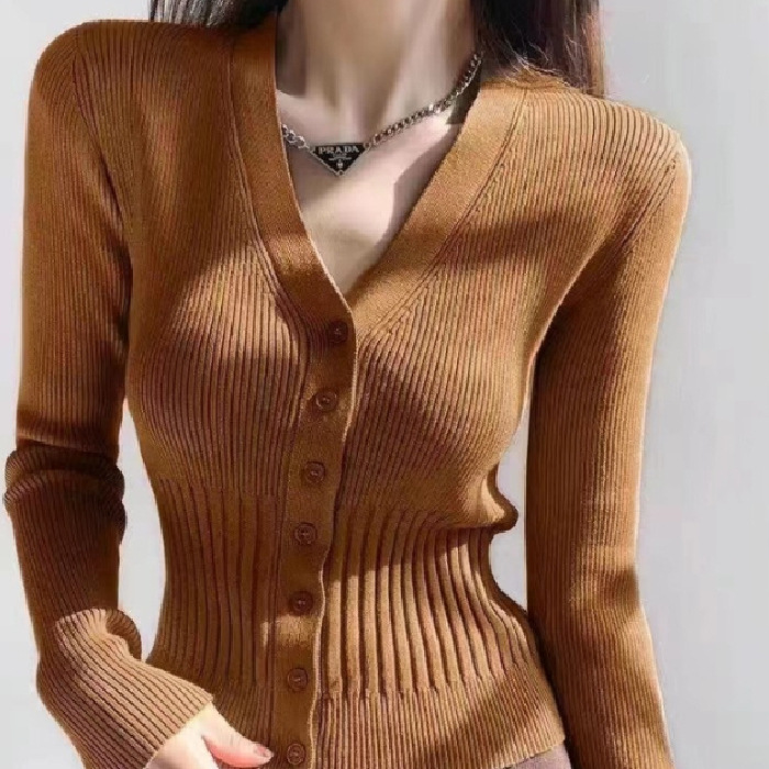 Picture of American V Neck Knitted Cardigan Female Internet Celebrity Spring & Fall Elastic Single-Breasted Sweater Sexy High-Waisted Short Crop Top