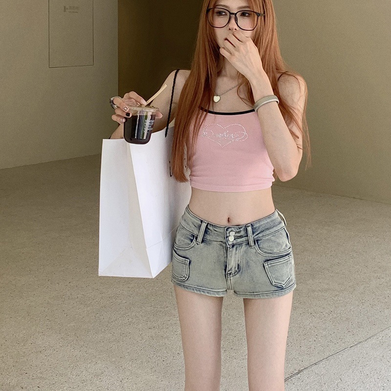 2024 Summer New Retro Nostalgic Stretch Hot Girl Shorts Women's Mid-Low Waist Tight Distressed Hot Pants Super Shorts