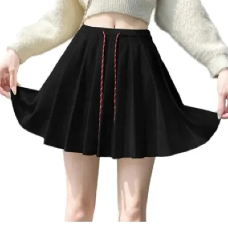 Fall 2025 New Korean Style Casual Solid Color Sweet Spice Girl's Stopped Waist Drawstring Knitted Pleated Skirt for Women