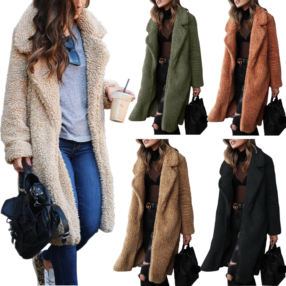 2019 autumn and winter wish European and American long sleeve lapel women's plush top long coat coat lambskin