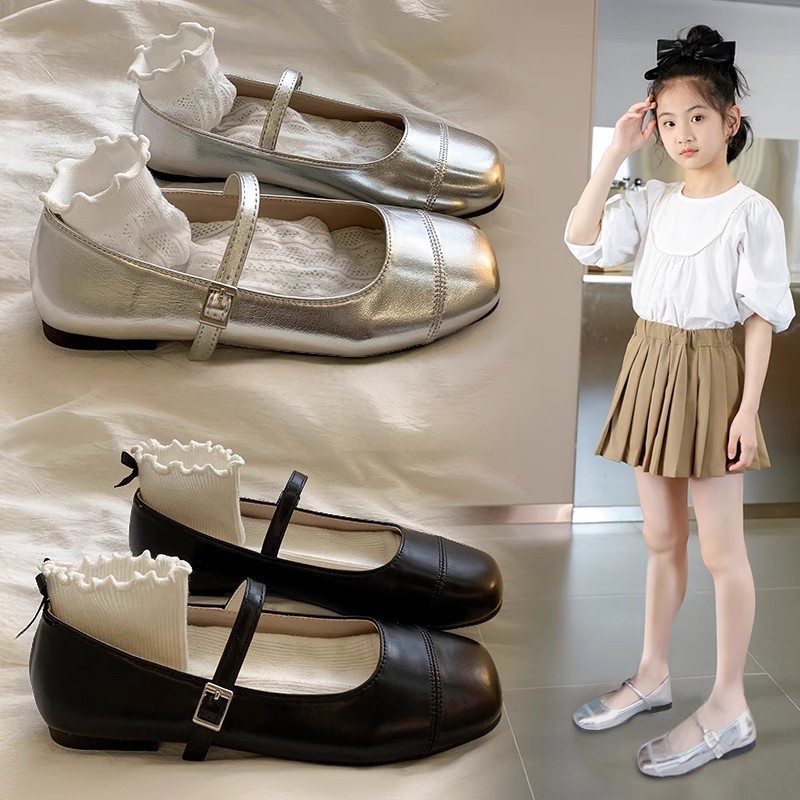 Square-toe shallow opening versatile flat silver Mary Jane flats, girls' 2025 autumn new French casual leather shoes