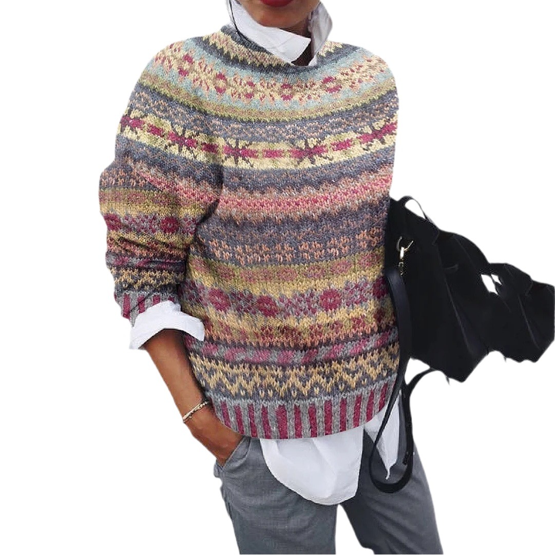 In stock pattern printed women's round neck soft sweater casual coat knitwear sweater fashion A3 series