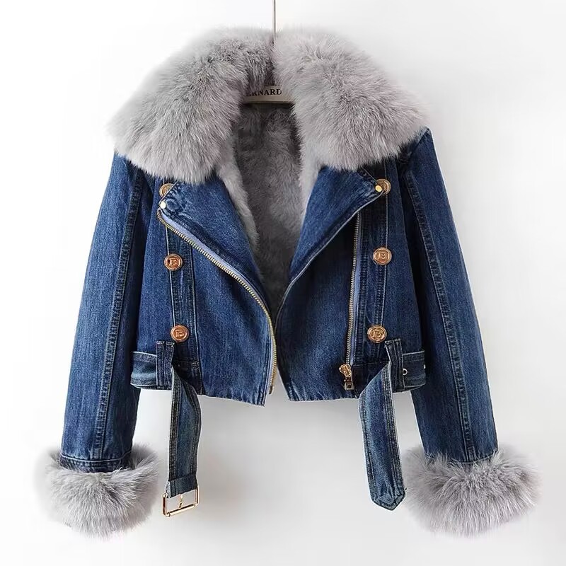 Picture of 2023 autumn and winter New detachable faux fox fur rabbit fur liner Denim coat women's short top parka clothes