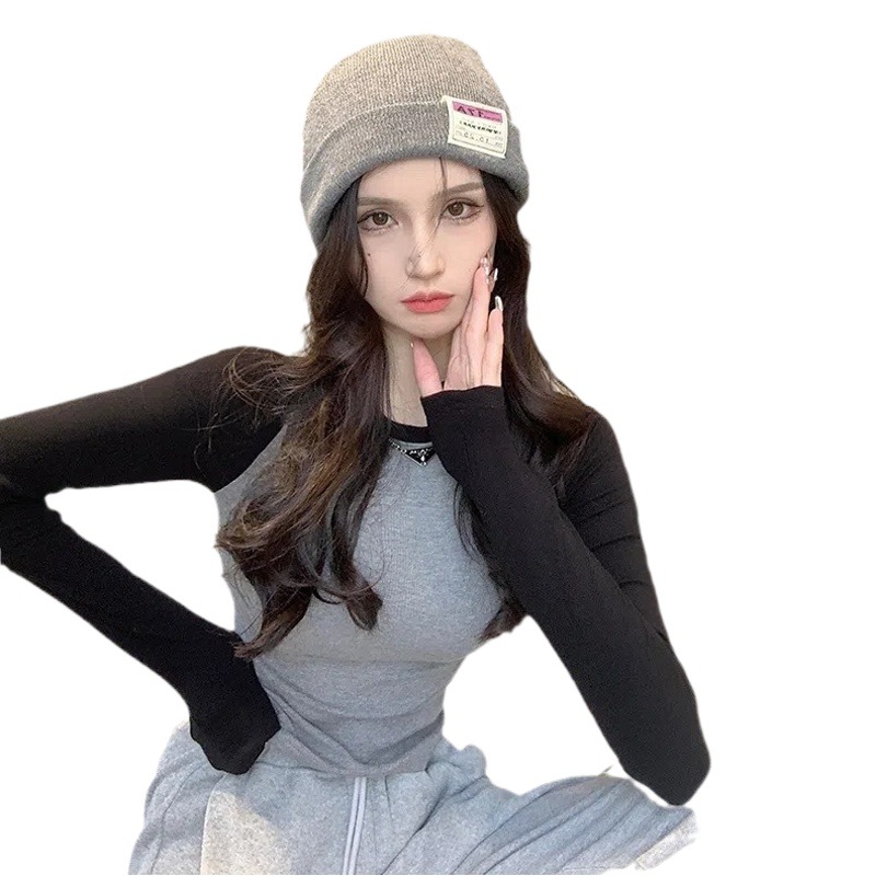 Hot Girls Contrast Color Stitching Slim Shoulder T-shirt Women's Long Sleeve Short Autumn and Winter New Korean Style Slim-fit High Waist Base Shirt Top