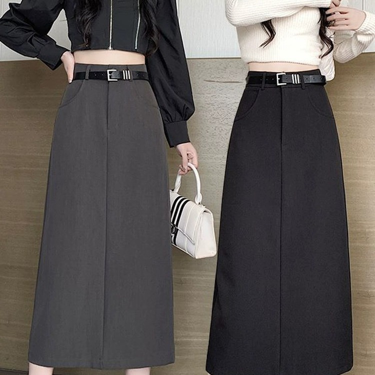 Workwear Skirt Autumn and Winter Slit Gray 2024 Petite Skirt Suit Skirt Women's Long Skirt High Waist A-Line Hip Wrap