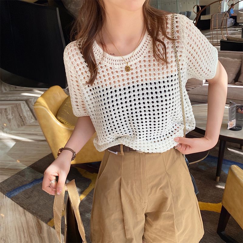 Hollow Short-sleeved Shirt Women's Summer Thin Design Sense Niche Chic Loose All-match Blouse Top