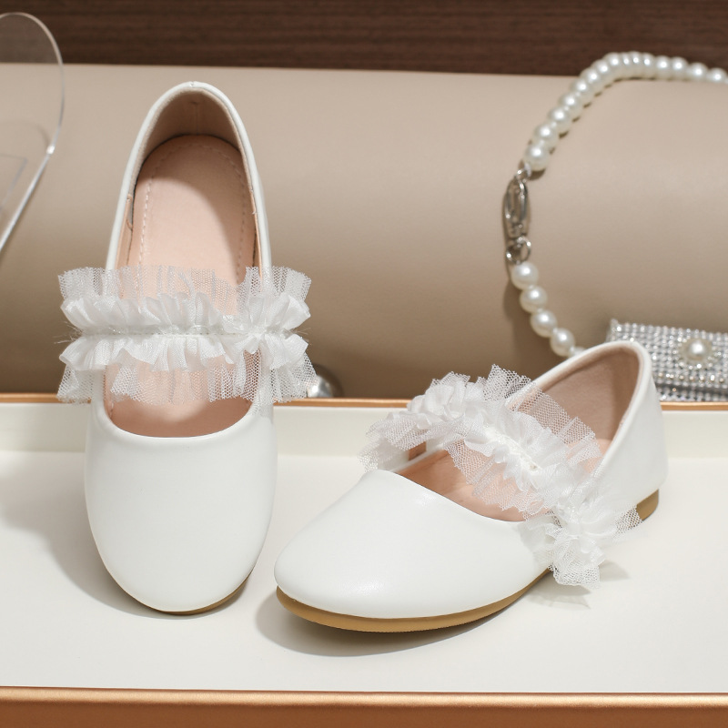 Girls White Single Shoes Soft Shallow Mouth Leather Shoes Performance Shoes Cross Border New Lace Lace Mary Jane Shoes Princess Shoes