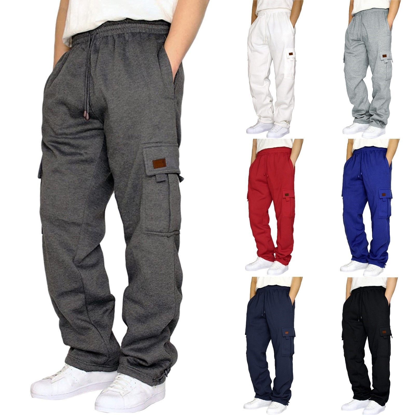 2022 Cross-Border New Sports and Casual Pants with Velvet Leggings, Multi-Flap Pocket Pants Tethered Men's Sweatpants Overalls Leather Label Pants