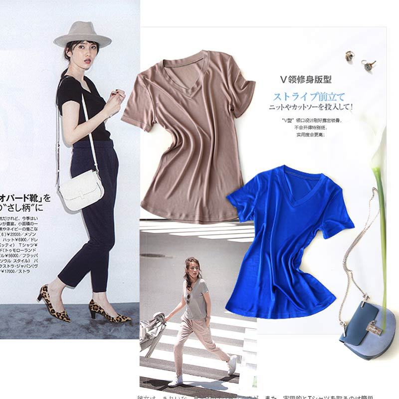 Tangge New Silk Knitted Short-sleeved Women's T-shirt Base Shirt Fashionable V-neck Mulberry Silk Women's Top