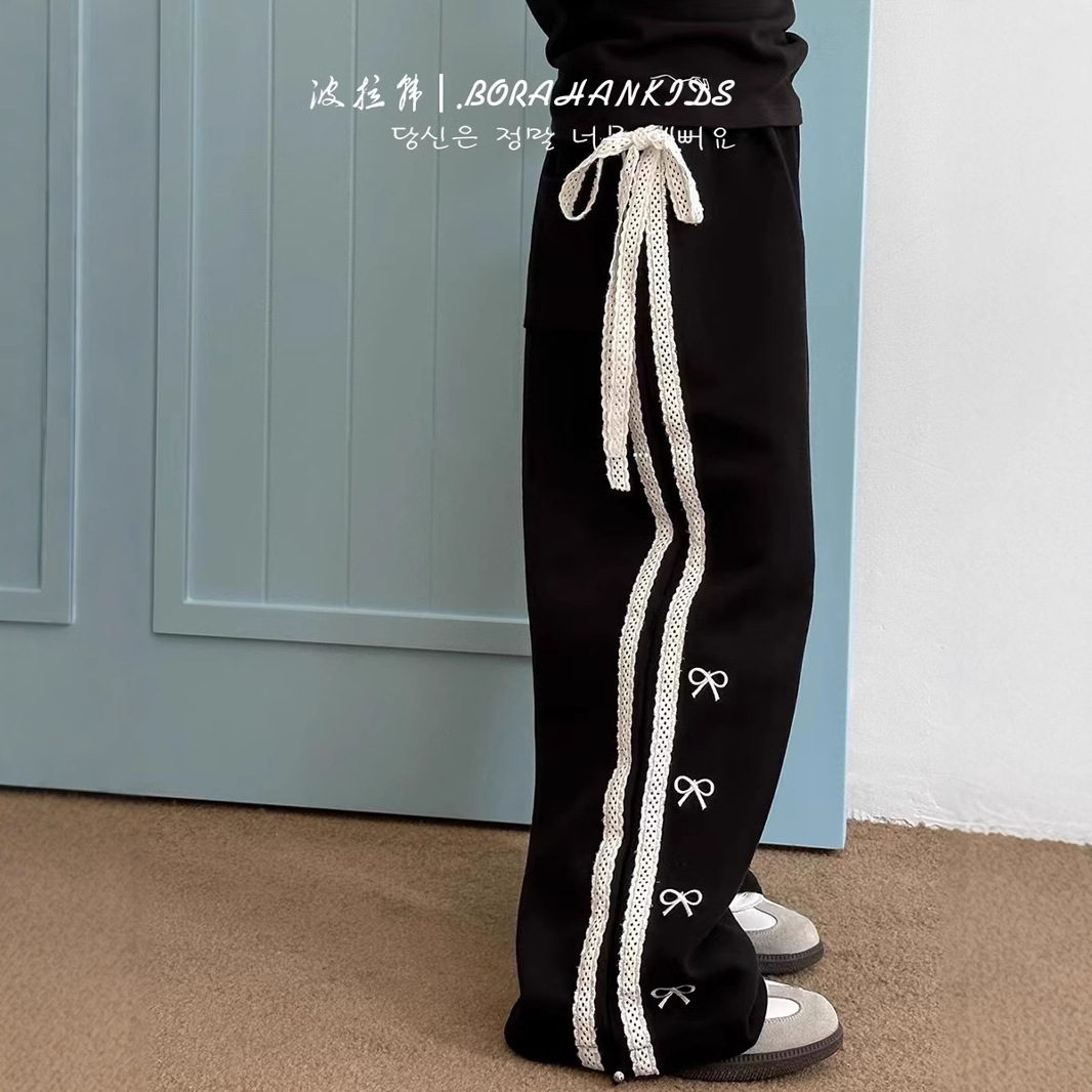 Girls' Straight Leg Pants 2024 Autumn Little Girl's Bow Trousers Children's Western-style Sweetpants Middle and Big Children's Casual Pants