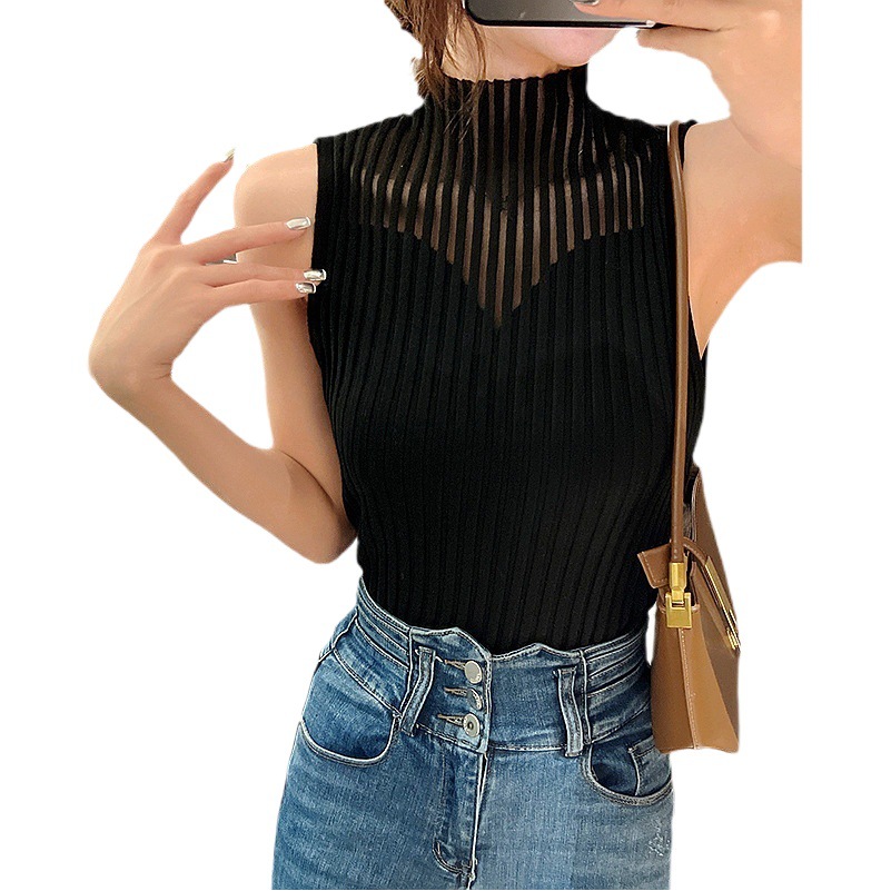 Half Turtleneck Cut Out Knitted Vest, Mesh Splicing, Inner Suspender Sweater Vest, Tight-Fitting Sleeveless, Slimming Look