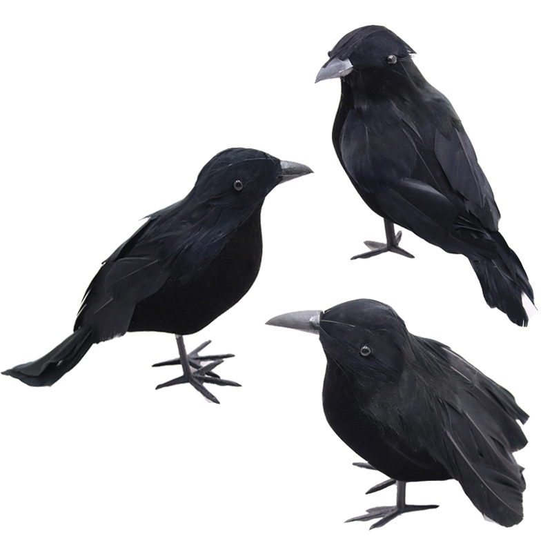 Picture of Simulated Black Crow Feather Animal Halloween Props Flocked Crow Halloween Ornaments Horror Decorative Props